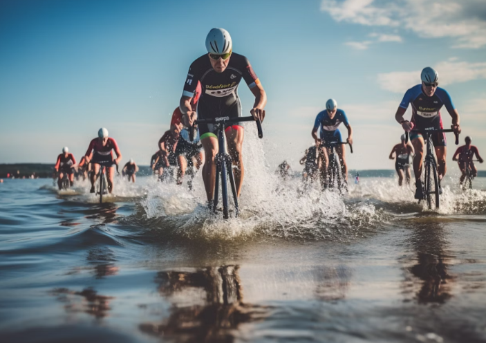 homens de bicicleta na agua